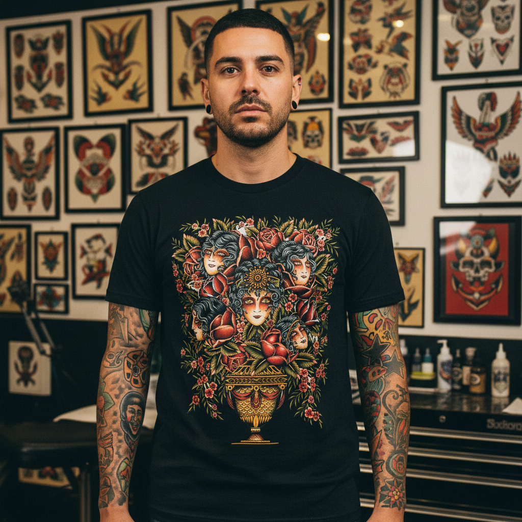 Laurent Trelaun Familiar Vase T-Shirt in Black featuring floral vase artwork with illustrated faces, worn by a model in a tattoo studio