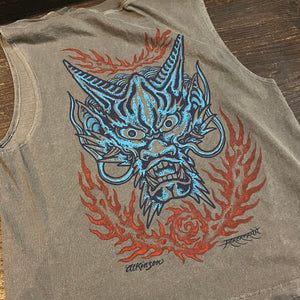 Tank top with a dragon design on a wooden surface