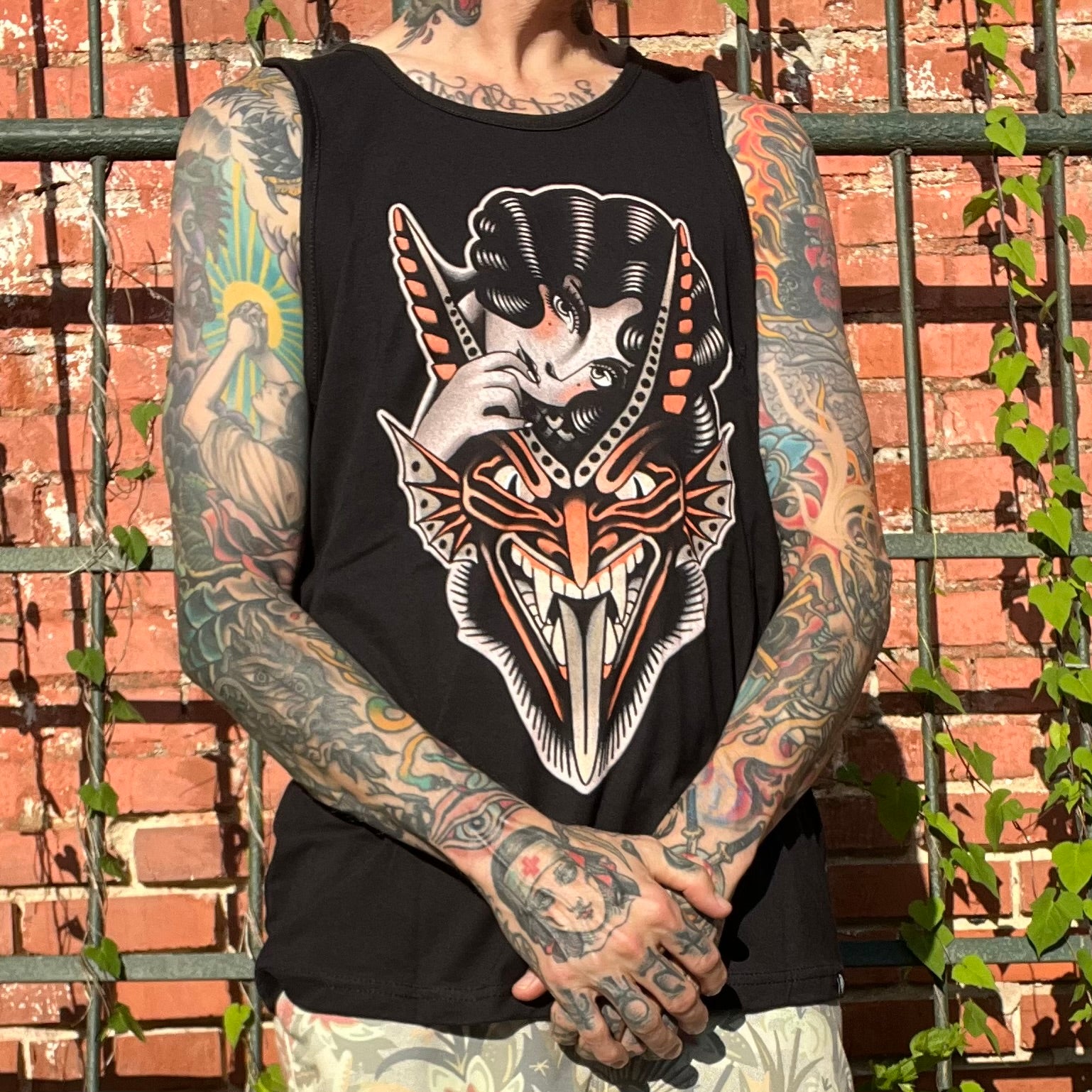 Front view of Cedric Weber Devil Girl Tank featuring bold graphic print

