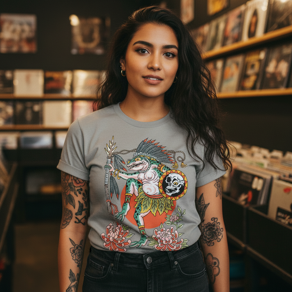 Person wearing the Alex Q Sundance Shirt outdoors showcasing the tattoo-inspired front artwork