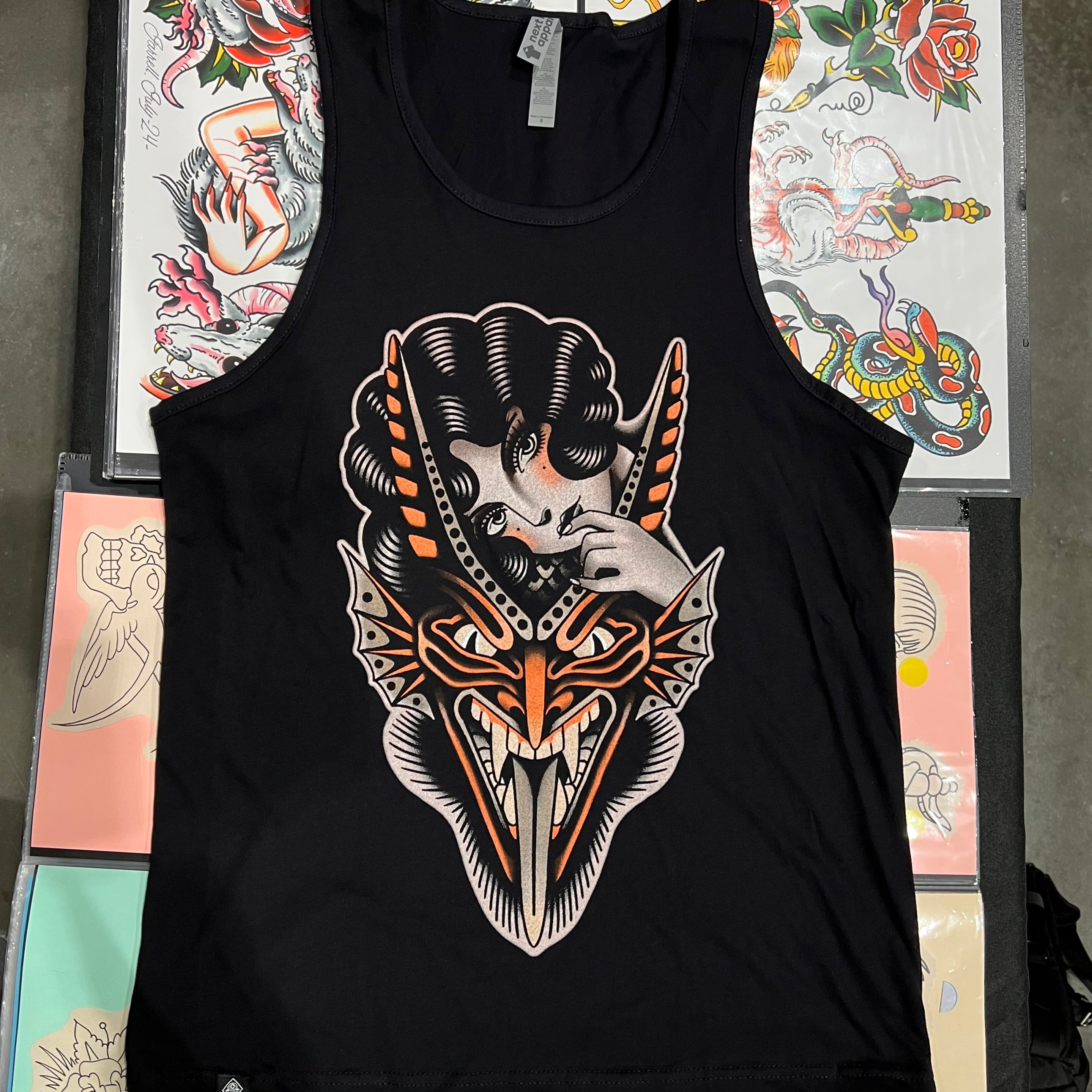 Model wearing Cedric Weber Devil Girl Tank in streetwear outfit
