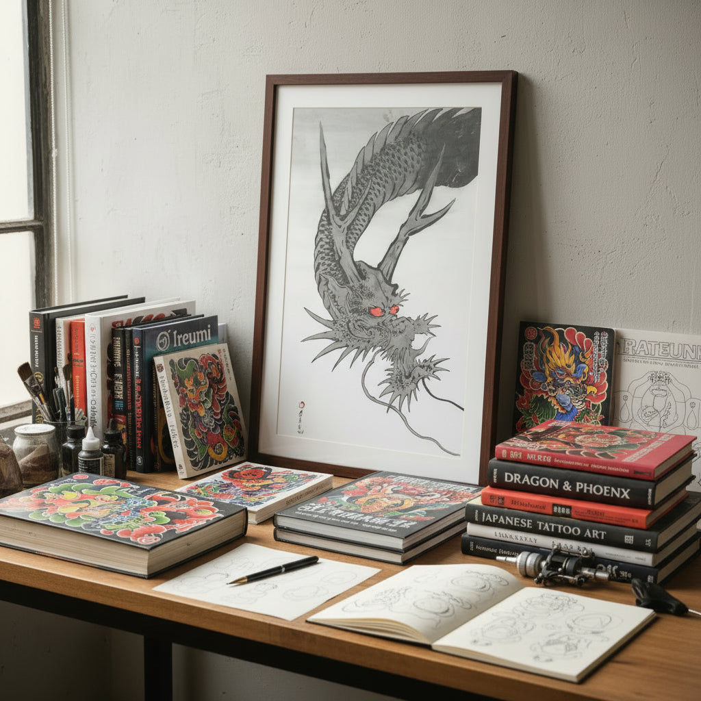 Desk with books, a framed dragon illustration, and a sketchbook.
