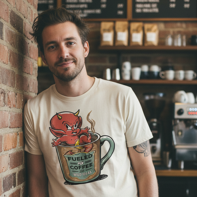 Man wearing a t-shirt with a graphic design of a devil in a coffee cup in a coffee shop.
