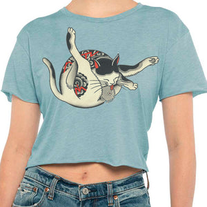 Denim cropped t-shirt, stylish and versatile, perfect for casual or layered outfits, available in multiple sizes.