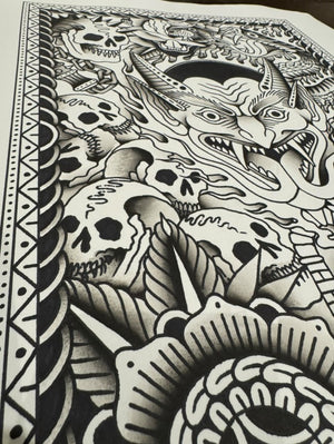Close-up of tattoo-style line work in Mors Tattoo’s Chaos Print.