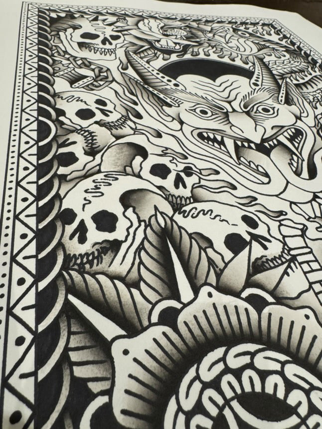 Close-up of tattoo-style line work in Mors Tattoo’s Chaos Print.