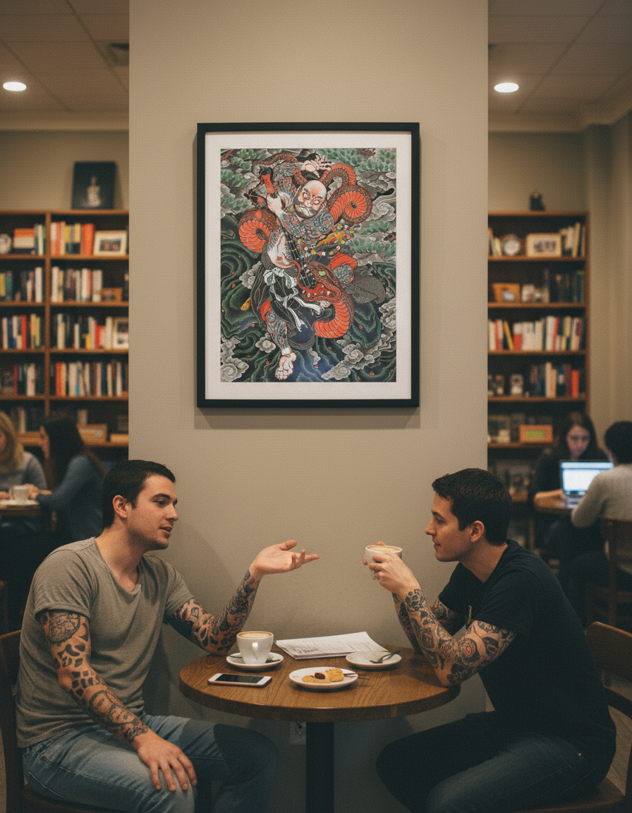 Two men sitting at a table in a cafe with a large framed artwork on the wall.