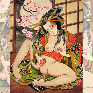 Court Mello's Geisha in the Rose Garden art print with vibrant red roses.