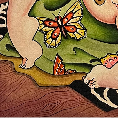 Illustration of a person with a butterfly on their face and another butterfly on the ground.