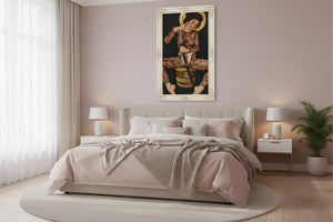 Framed Hanami Japanese art print by Senju displayed above a bed in a modern bedroom