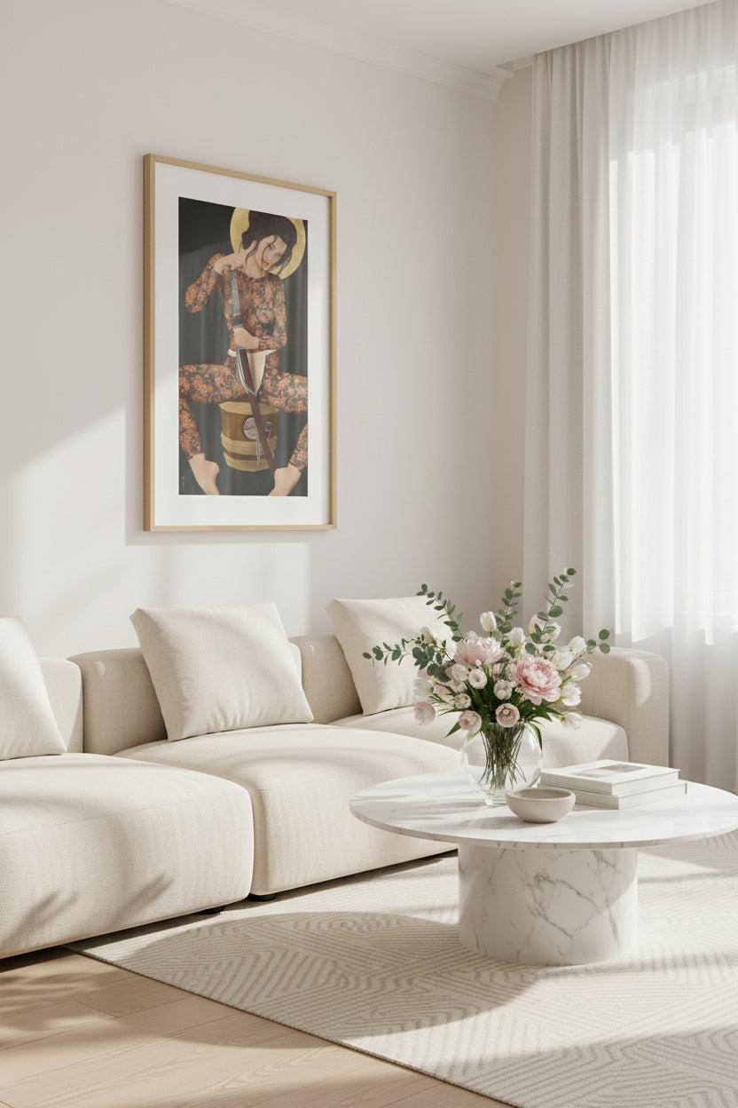 Framed Hanami Japanese art print by Senju displayed on a modern living room wall
