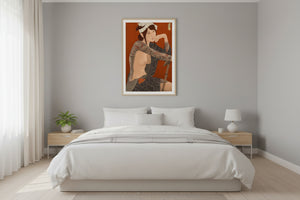 Modern bedroom with a bed, nightstands, and a wall art piece.