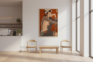 Artistic depiction of a woman with tattoos wearing a kimono against an orange background