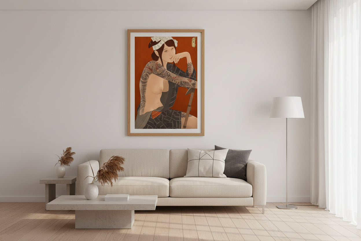 Artistic depiction of a woman with tattoos wearing a kimono against an orange background