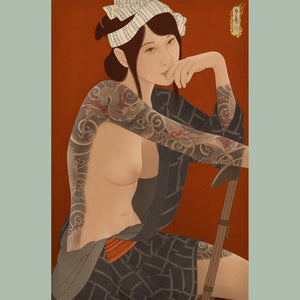 Artistic depiction of a woman with tattoos wearing a kimono against a red background