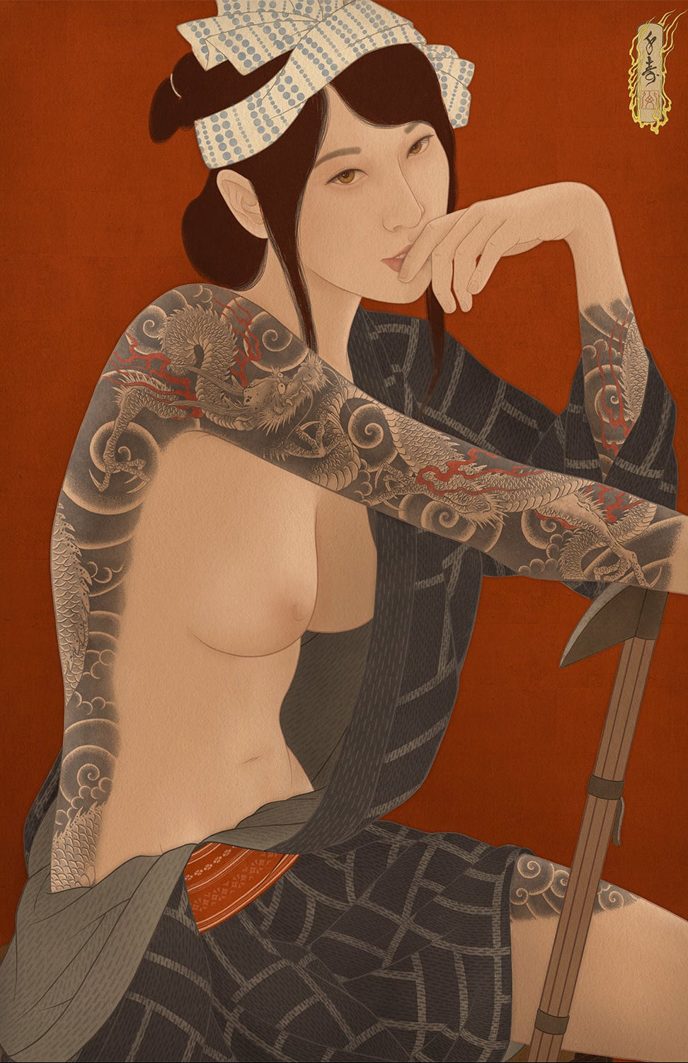 Artistic depiction of a woman with tattoos wearing a kimono against an orange background