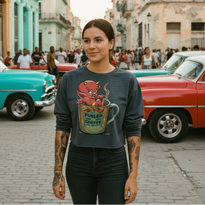 Woman wearing a graphic sweatshirt in a street with vintage cars and people in the background