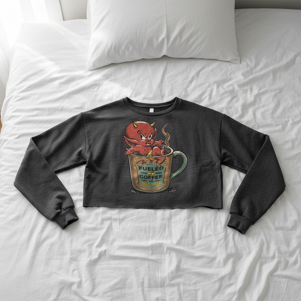 Black long-sleeve crop top with graphic design on a white bed