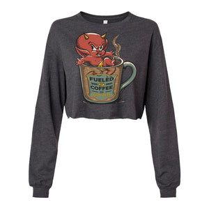 Dark gray sweatshirt with a graphic of a devil in a coffee mug on a white background