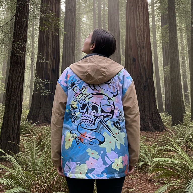 Person wearing a colorful jacket with a skull design in a forest setting