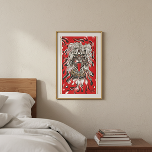 Framed Kali Ma traditional tattoo art print by Kyley O'Rourke displayed on a bedroom wall