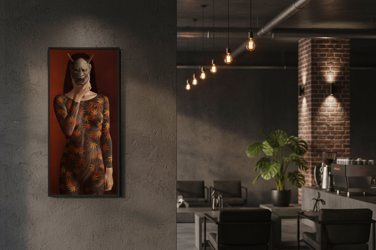 Framed Kijo Japanese art print by Senju displayed on a modern coffee shop wall
