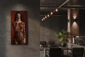 Framed Kijo Japanese art print by Senju displayed on a modern coffee shop wall