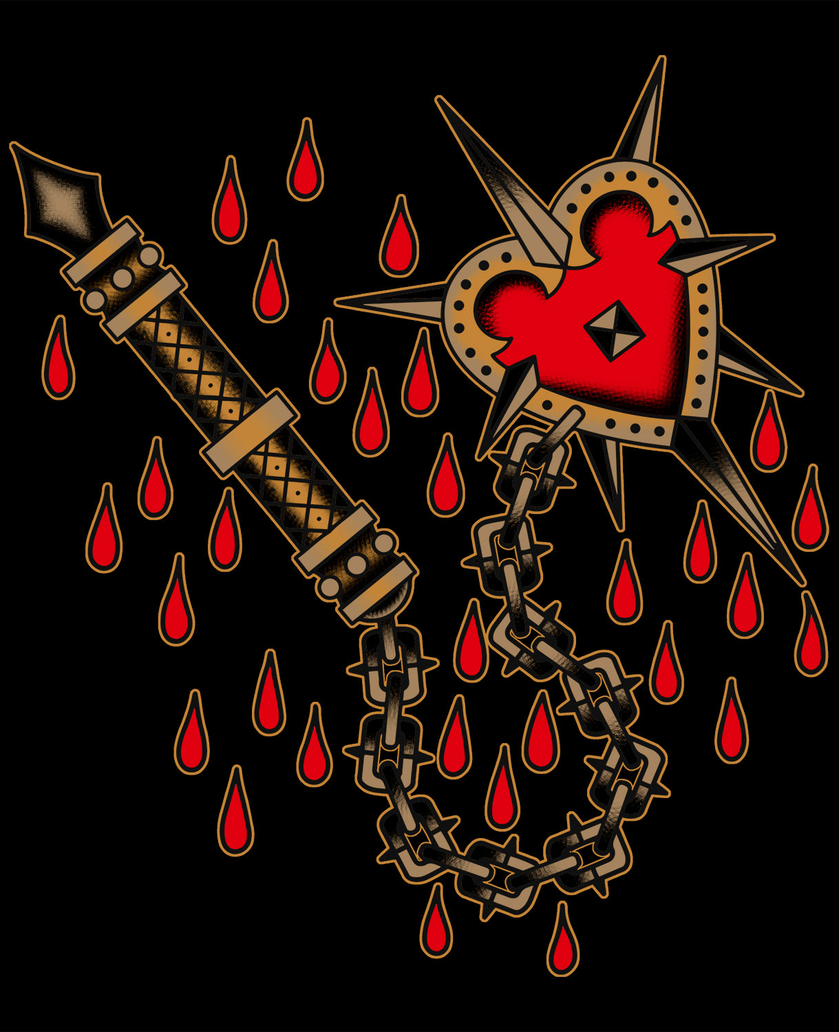 Close-up of the “Love Kills” tee print detail by Scott Weatherwax.