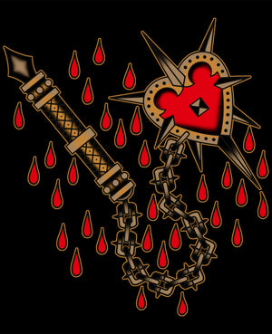 Close-up of the “Love Kills” tee print detail by Scott Weatherwax.