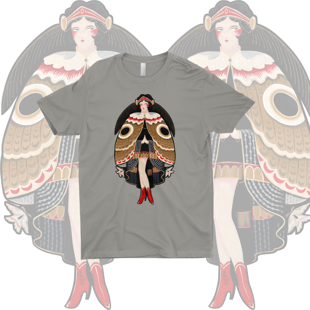Gray t-shirt with a graphic design of a woman in a dress and boots, surrounded by stylized birds.