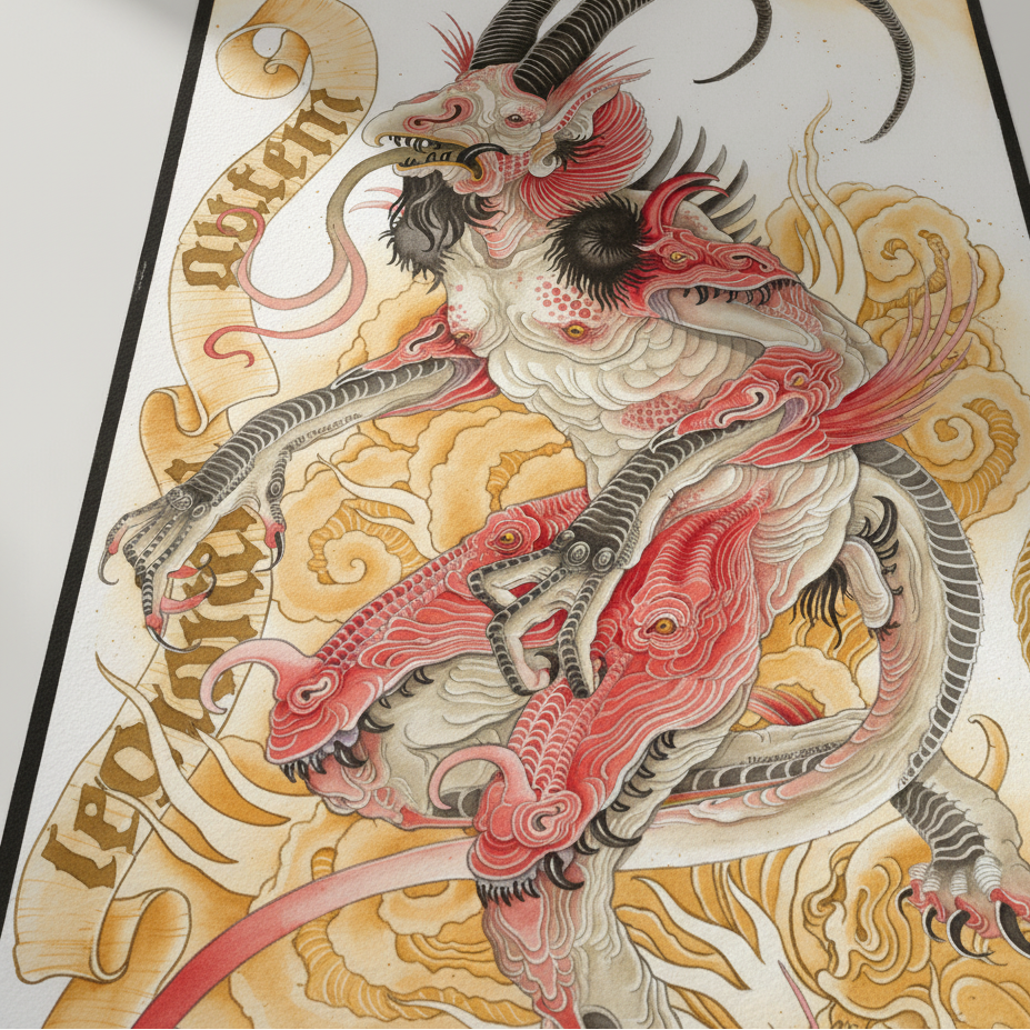 Colorful dragon illustration with intricate details on a textured background