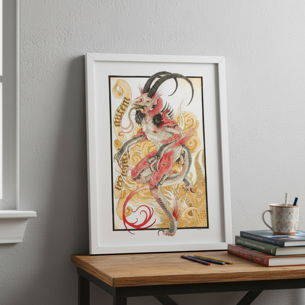 Framed artwork of a dragon on a wall above a wooden table.