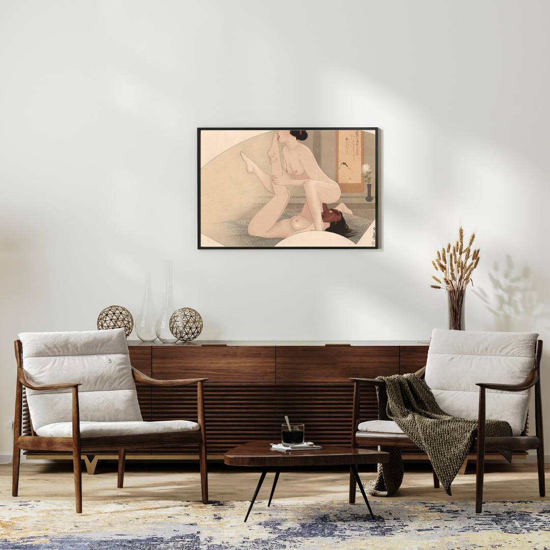 Modern living room with wooden furniture, white cushions, and a framed artwork on the wall.
