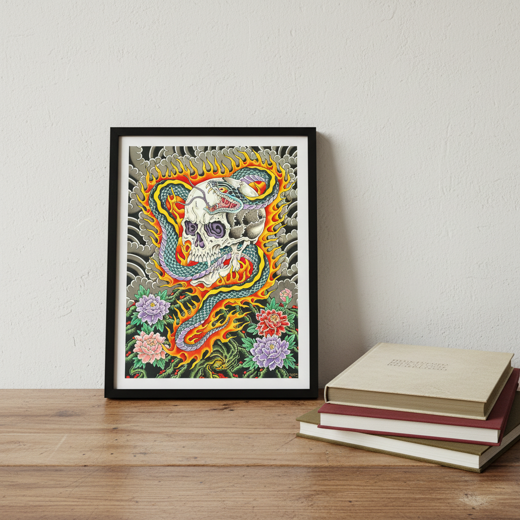 Framed artwork with a colorful design of a skull and flames on a wooden surface with books.