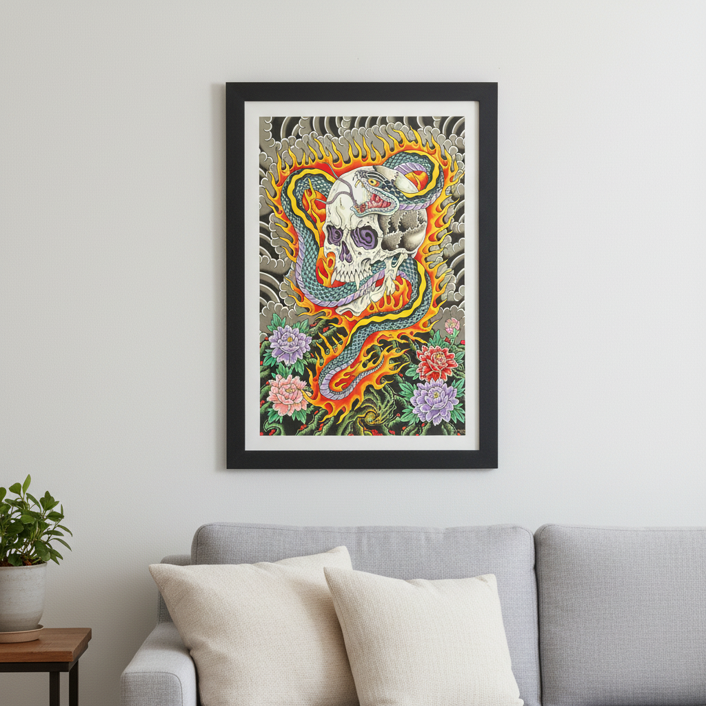 Framed artwork of a colorful skull and snake design on a wall above a sofa.