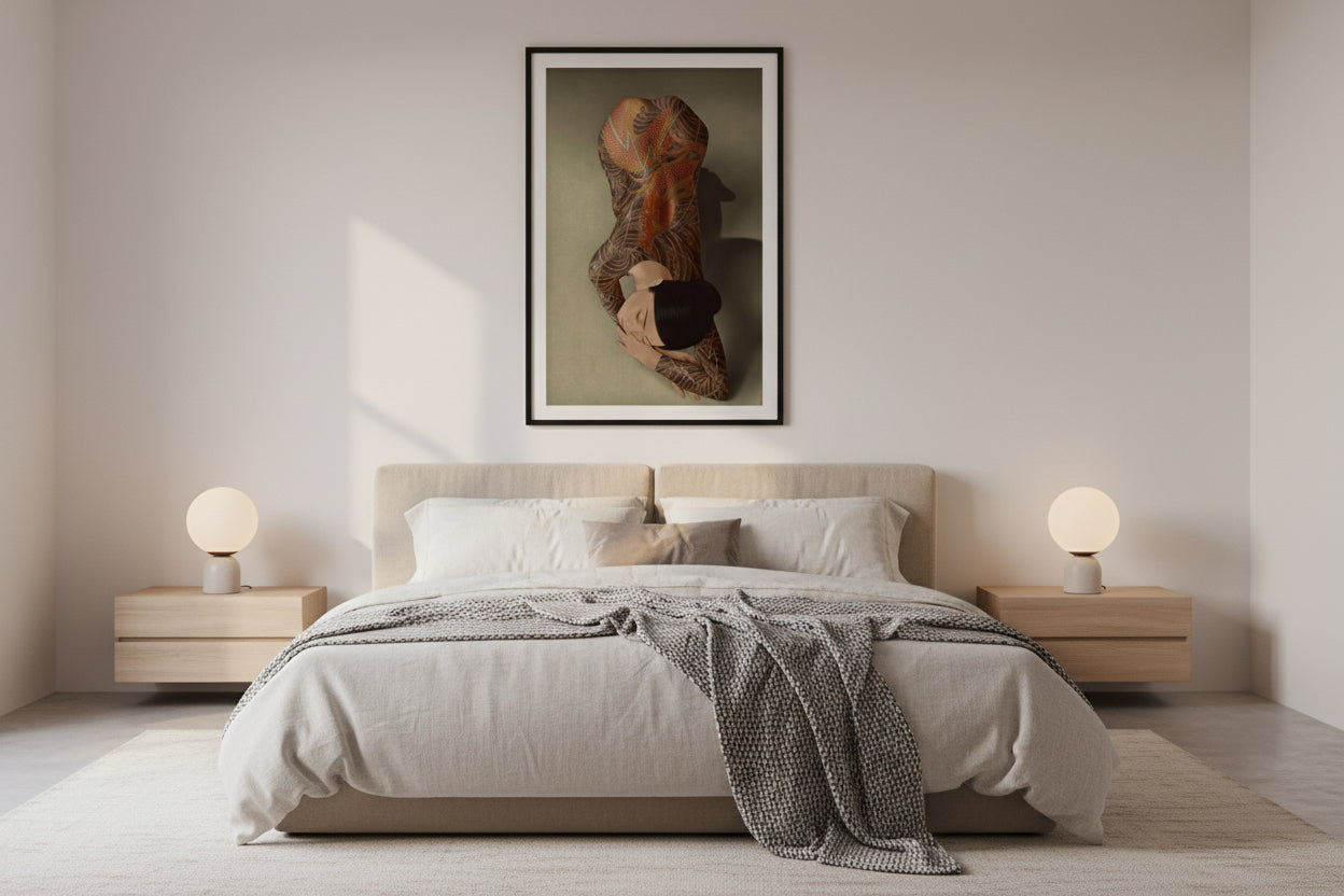 Traditional Japanese Dragon Tattoo Art Print by Tatsu Displayed in Bedroom Interior