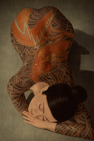 Angled View of Traditional Japanese Dragon Tattoo Art Print by Tatsu