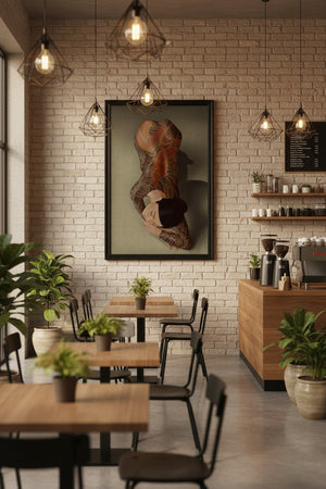 Framed Traditional Japanese Dragon Tattoo Art Print by Tatsu Displayed in Cafe Interior
