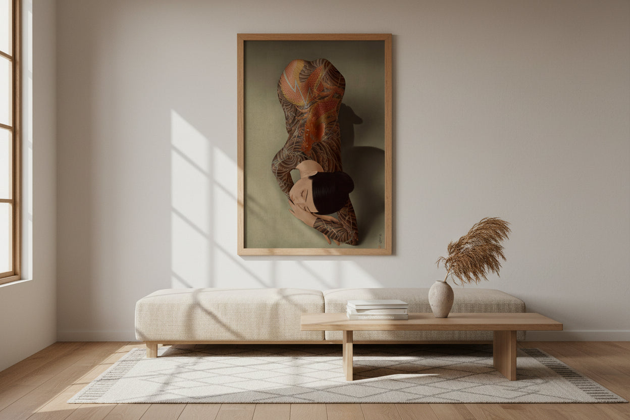 Framed Traditional Japanese Dragon Tattoo Art Print by Tatsu Displayed in Living Room Interior
