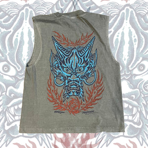 Sleeveless shirt with a dragon design on a patterned background