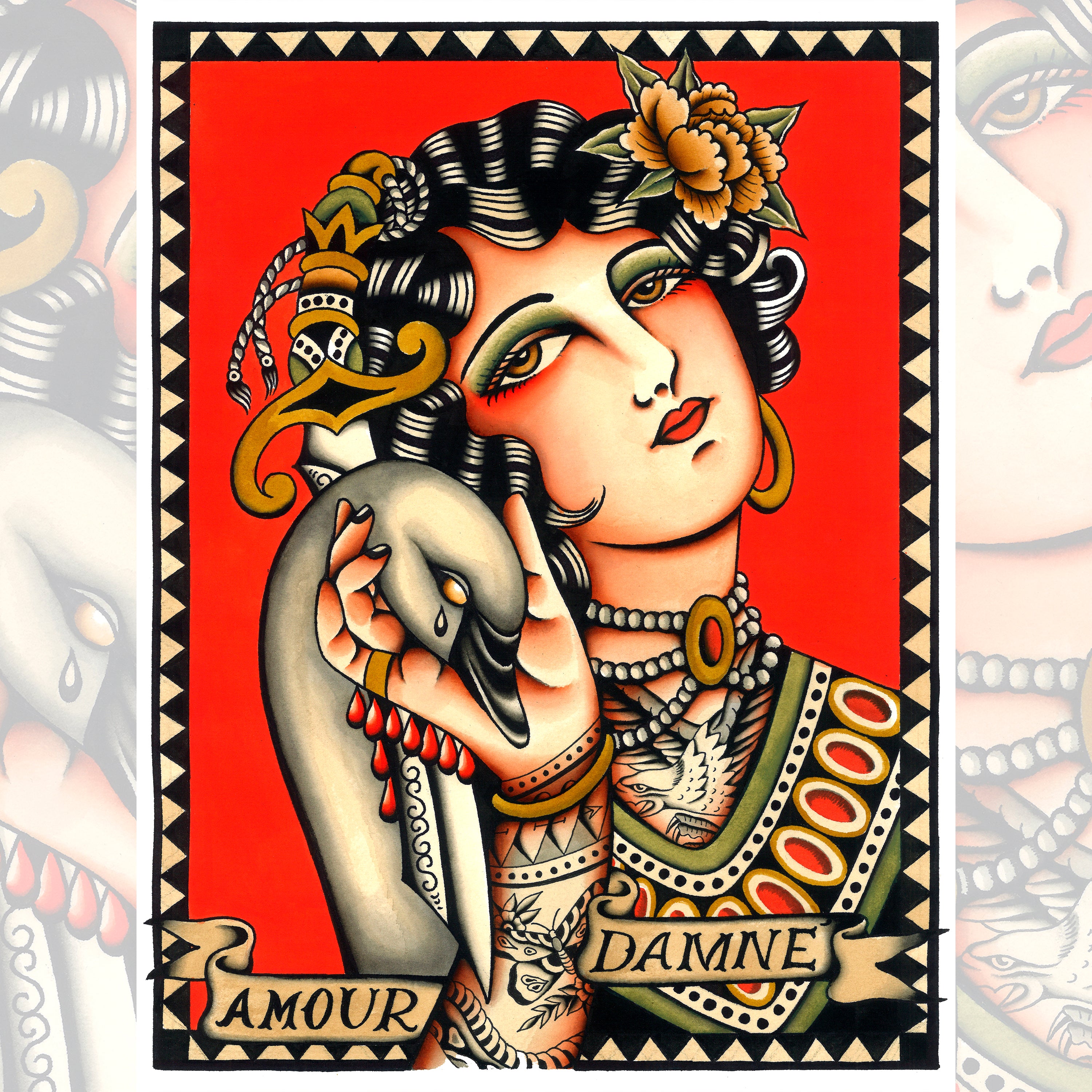 Traditional flash painting by Gaia Zeta featuring a romantic woman holding a swan with the banner “Amour Damné” on a red background.