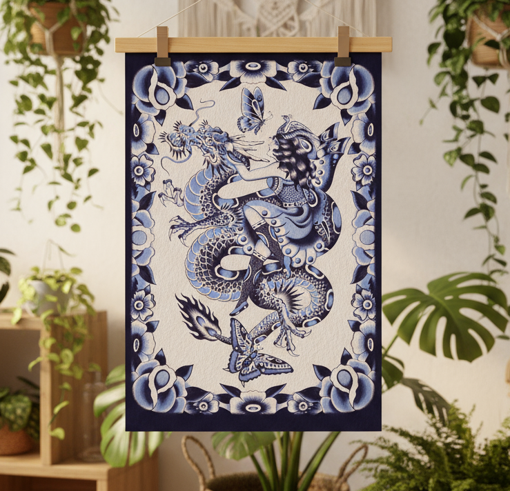 Close-up of stylised dragon detail in Aaron Hindson’s “Blue Ryu” print.