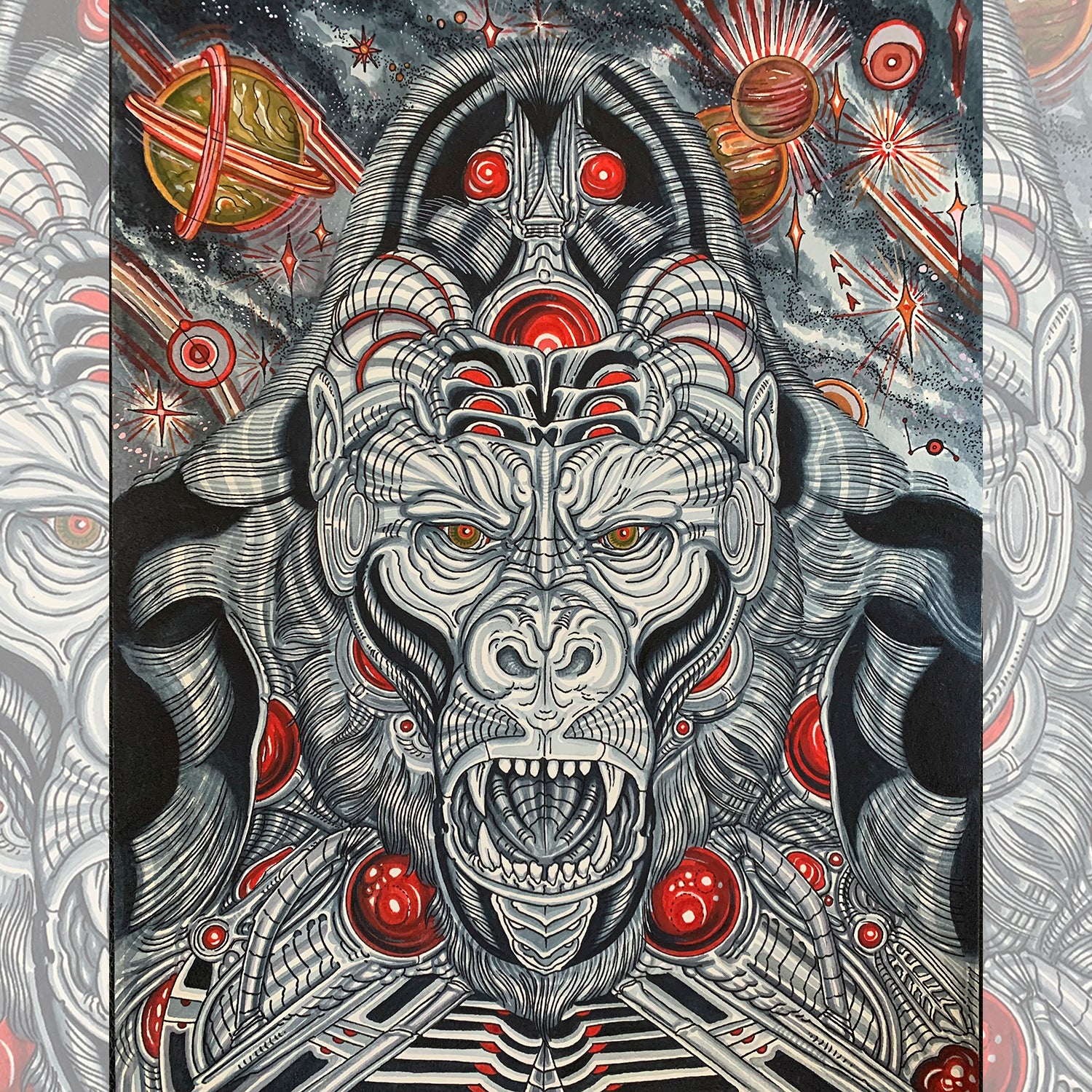 WEBCyberilla tattoo design showcasing a powerful cybernetic gorilla with mechanical features, perfect for fans of cyberpunk and technology.