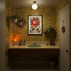 Artistic shot of Gaia Leone’s “Donna Dentro Rosa” giclée print under soft lighting.