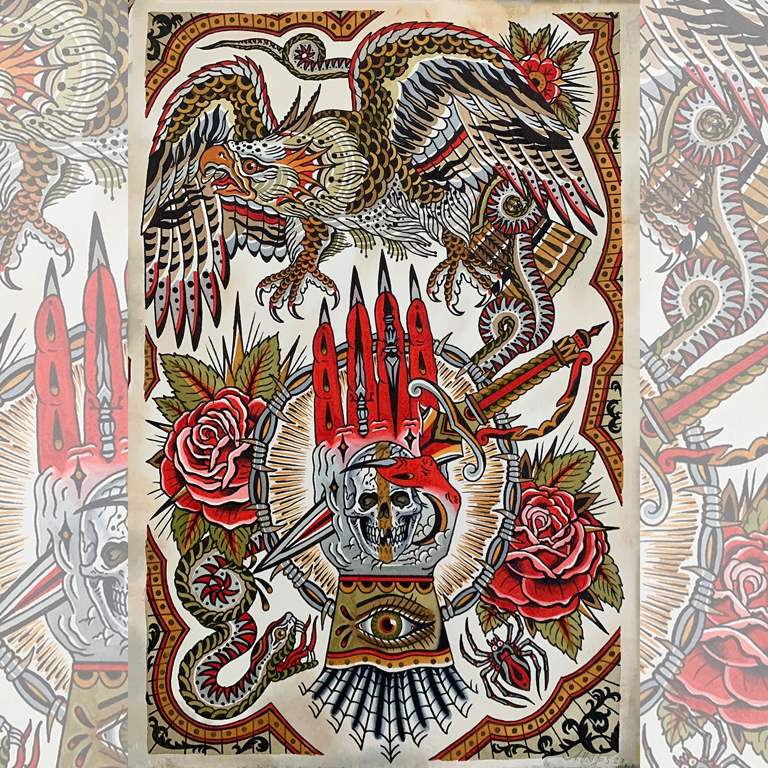 WEBEagleHand tattoo design showing a detailed eagle landing on a hand with intricate feather and hand linework, symbolizing freedom and protection.