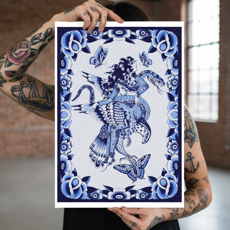 “Lady Hawk print by Aaron Hindson framed and displayed on wall”