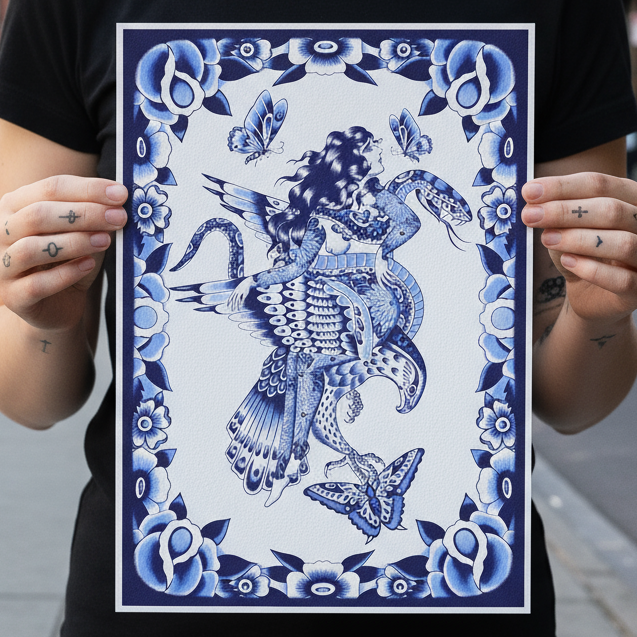 “Close-up detail of hawk and floral elements in Aaron Hindson’s Lady Hawk print”