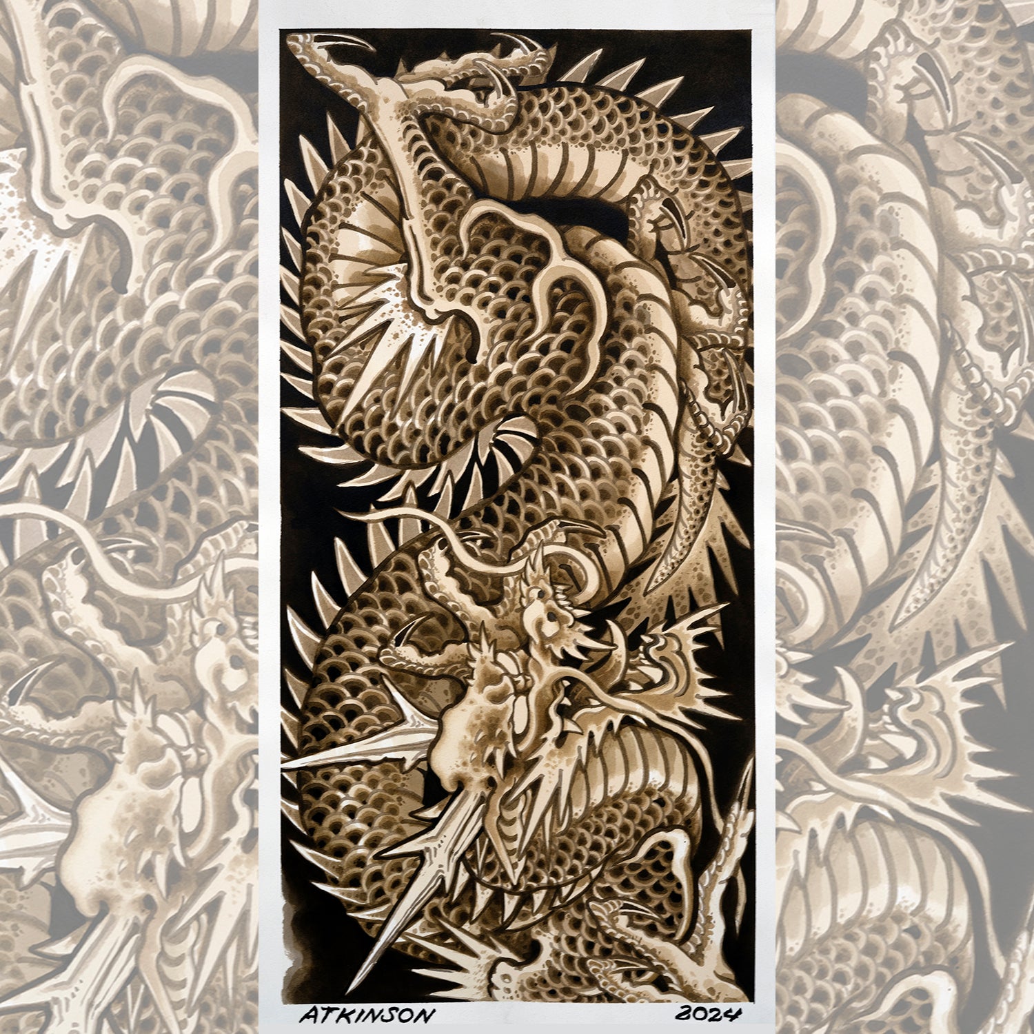 Dragon tattoo in sepia tones, showcasing a fierce mythical creature with elaborate shading and shading details.