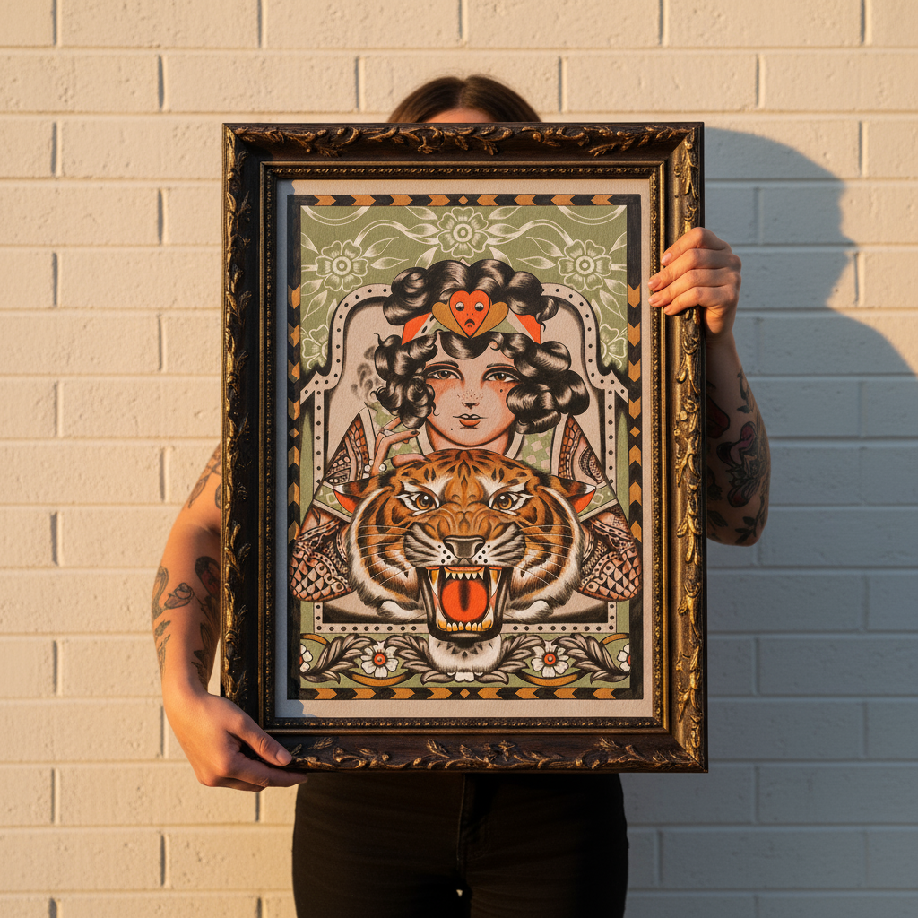 “Tigress print by Aaron Hindson framed and hung on wall.”
