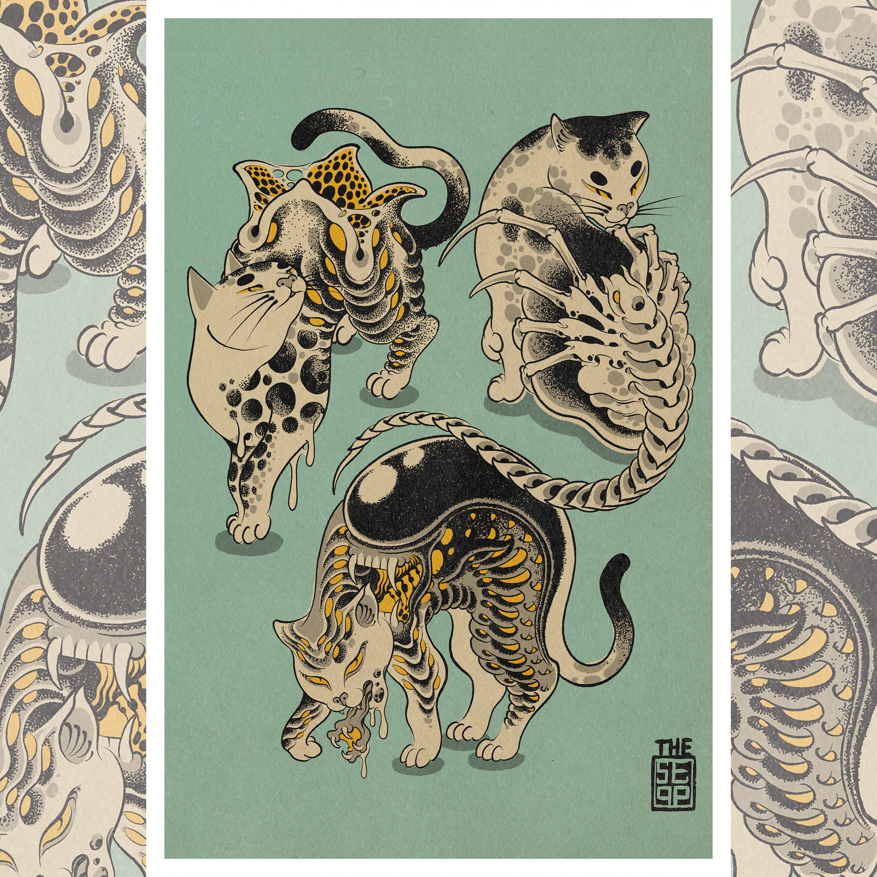 Front view of 'Xeno Cats' giclée print by Sabastian Martin on 12" x 18" 300gsm Epson Cold Press paper.